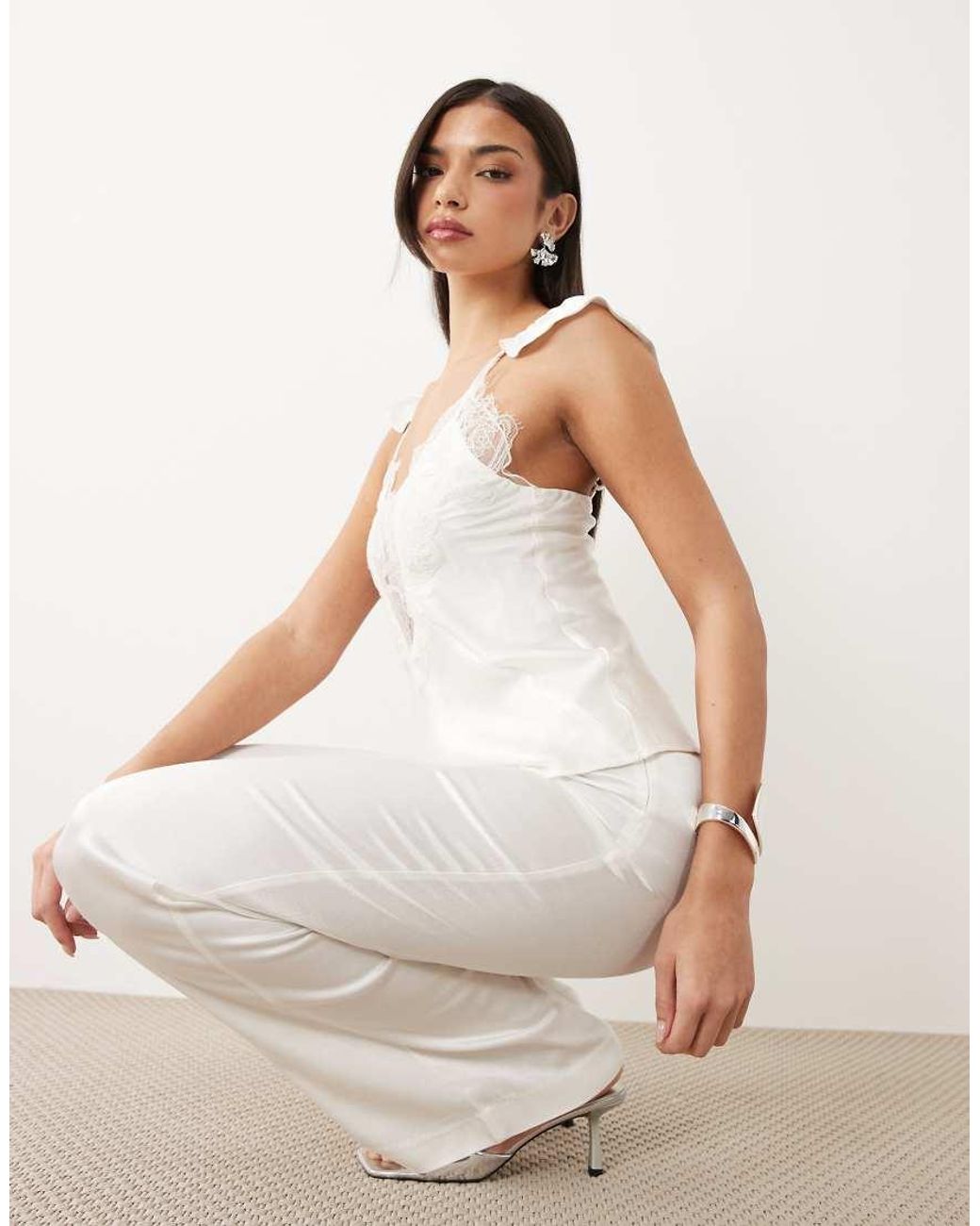 Bardot White Devin Mid Rise Straight Leg Satin Trousers Co-ord