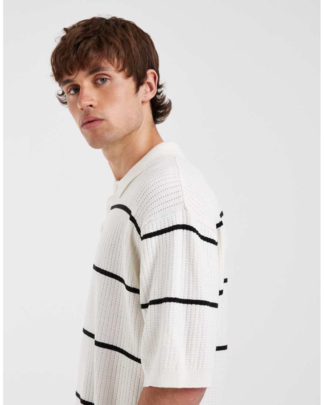 Redefined Rebel Natural Felix Oversized Knitted Striped Button Up Polo Shirt for men