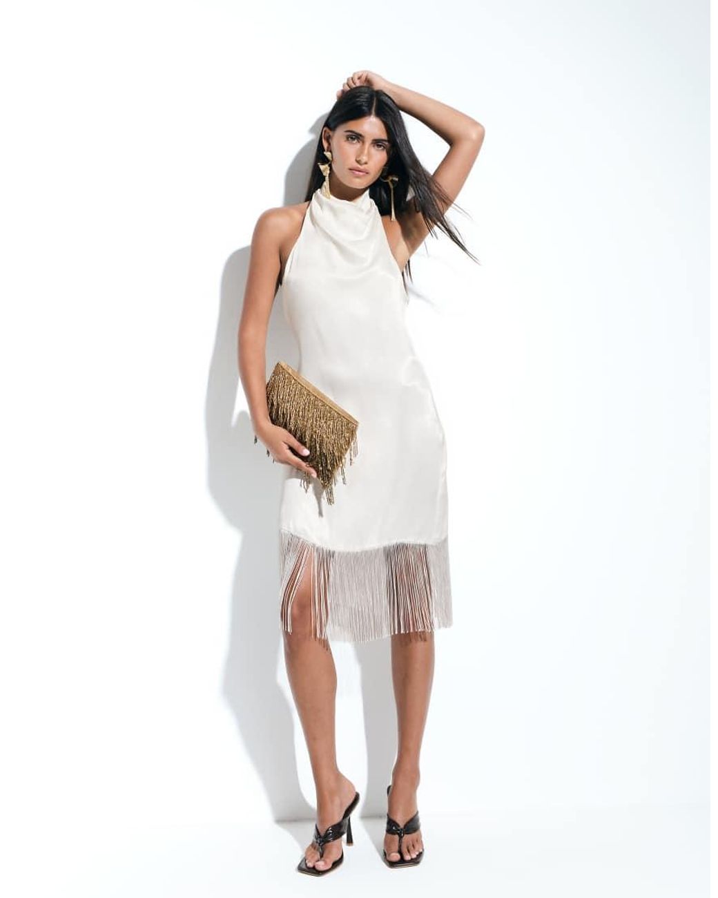 ASOS White Satin Cowl Neck Fringe Detail Mini Dress