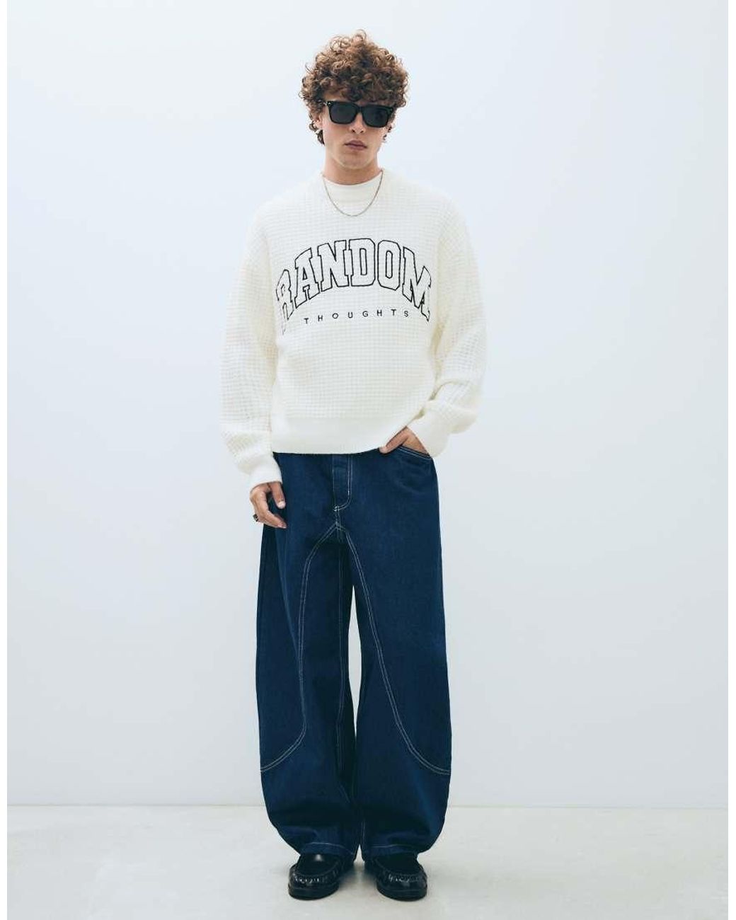 Bershka White Embroidered Waffle-Knit Jumper for men