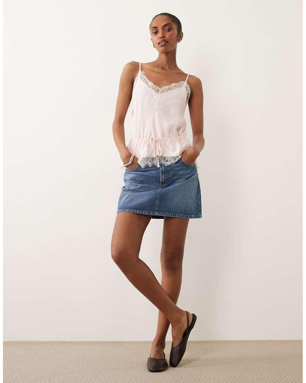 ASOS Pink Satin Lace Trim Tie Waist Cami Top