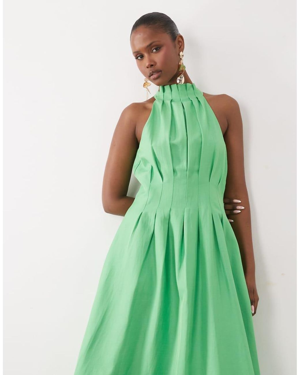 Forever New Linen Blend Pleat Detail Halter Midi Dress in Green