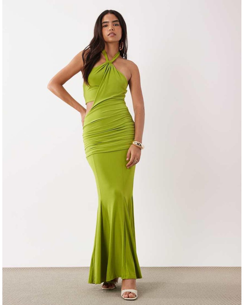ASOS Green Slinky Halter Neck Gathered Maxi Dress