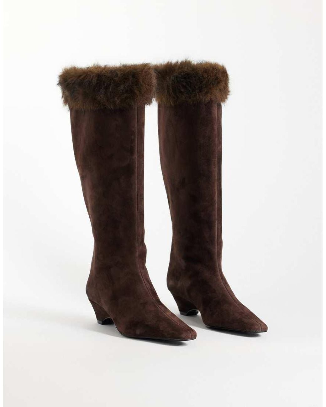 Mango Brown 100% Leather Suede Heeled Boot With Faux Fur Trim