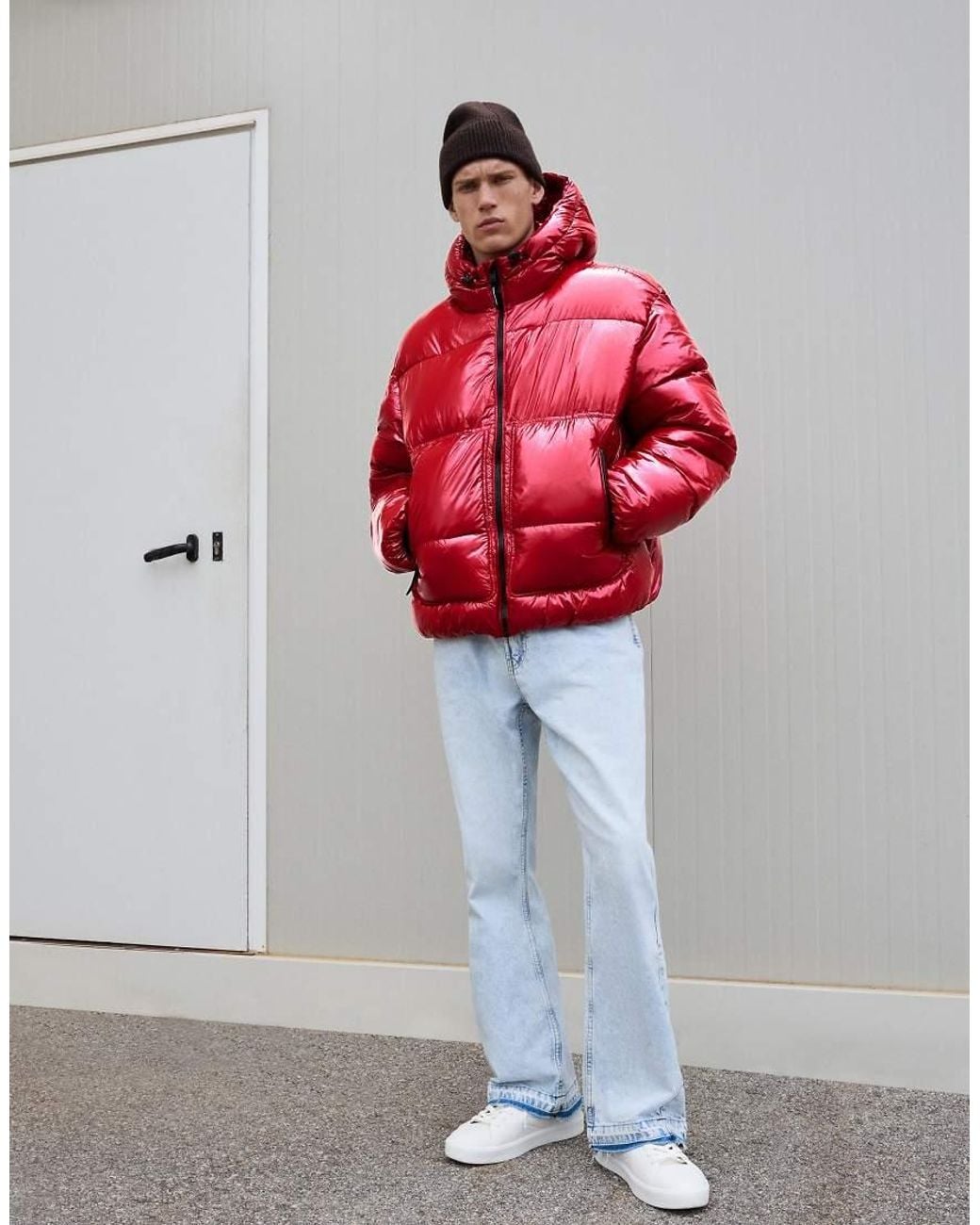 Bershka Red Hooded Puffer Jacket for men