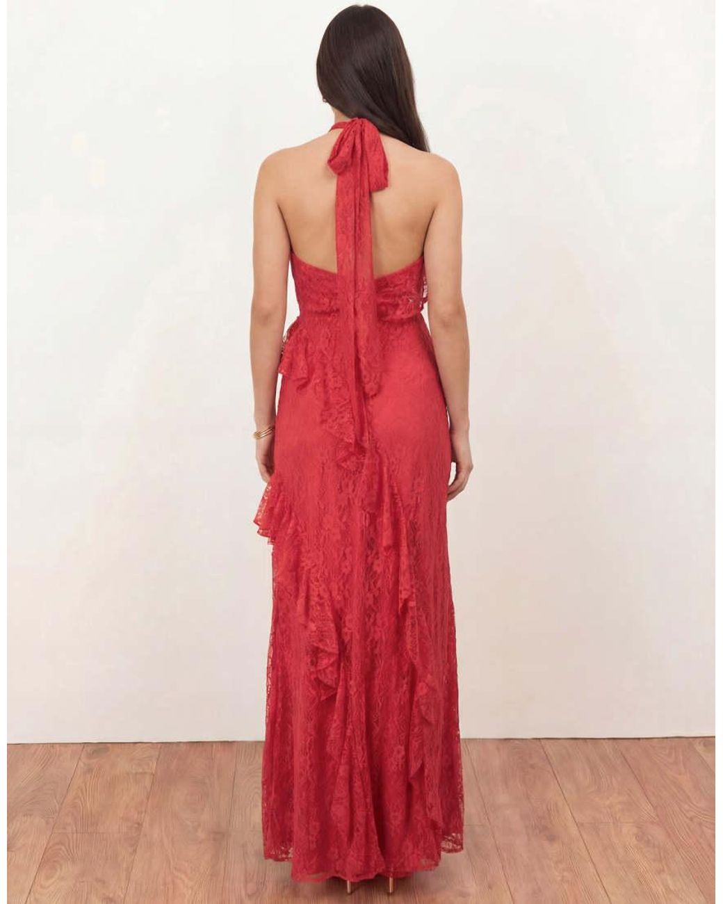 Maya Red Embellished Halter Neck Lace Maxi Dress