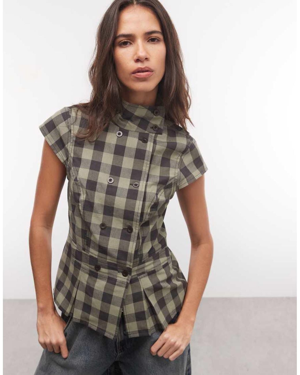 Collusion Brown Funnel Neck Cap Sleeve Shirt