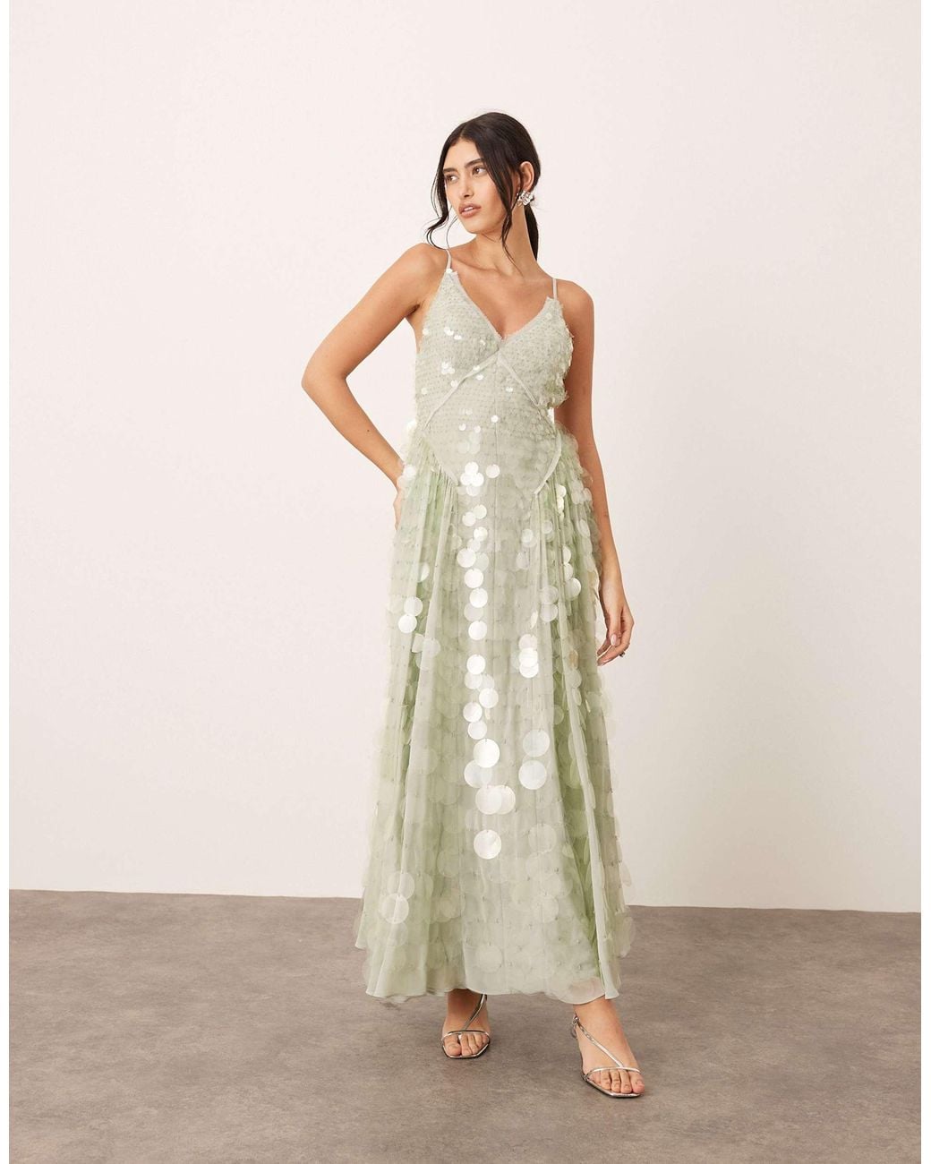 ARRANGE Embellished Sequin Cami Midi Dress With Full Skirt in Natural | Lyst