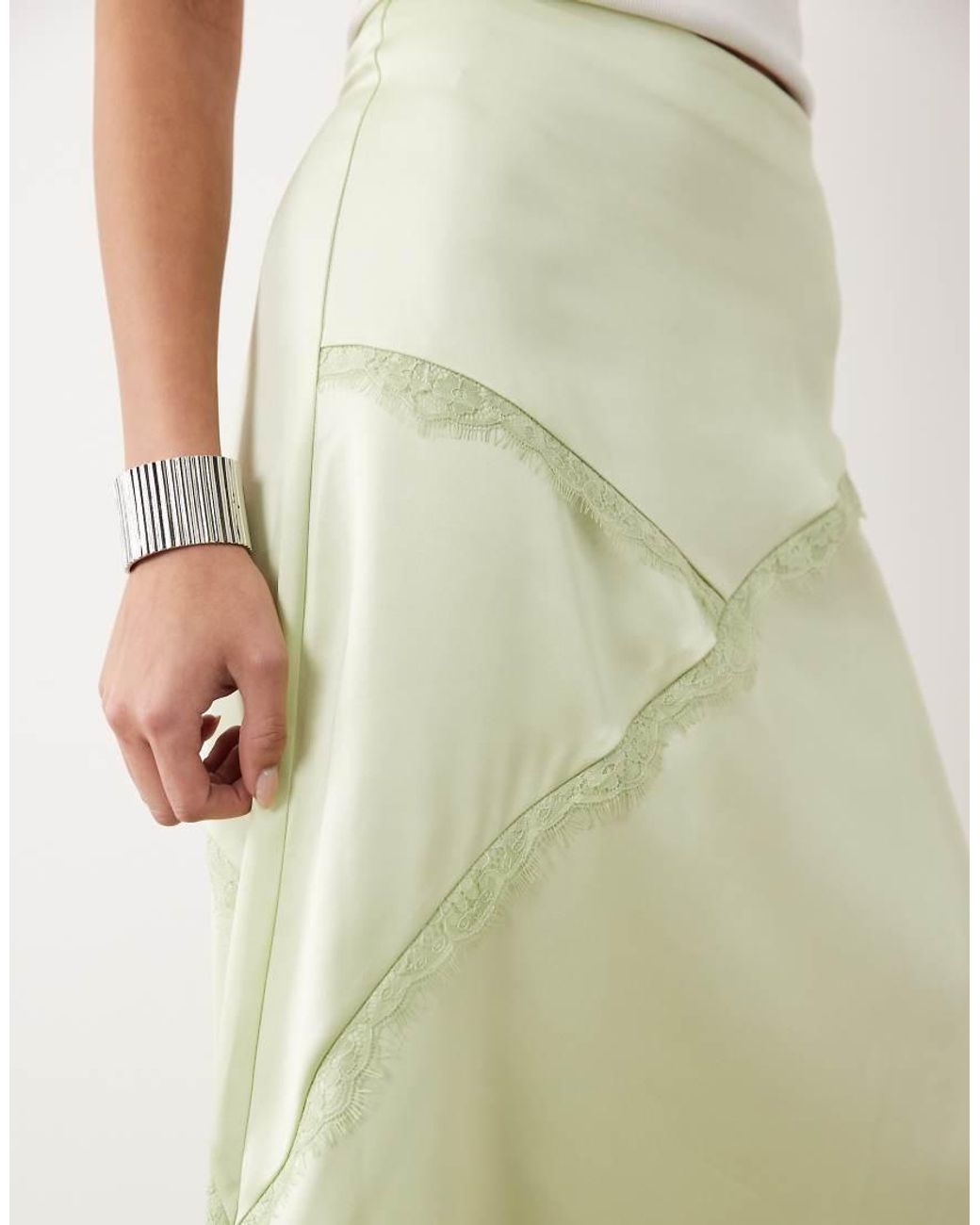 ASOS Green Satin Asymmetric Maxi Skirt With Lace Detail