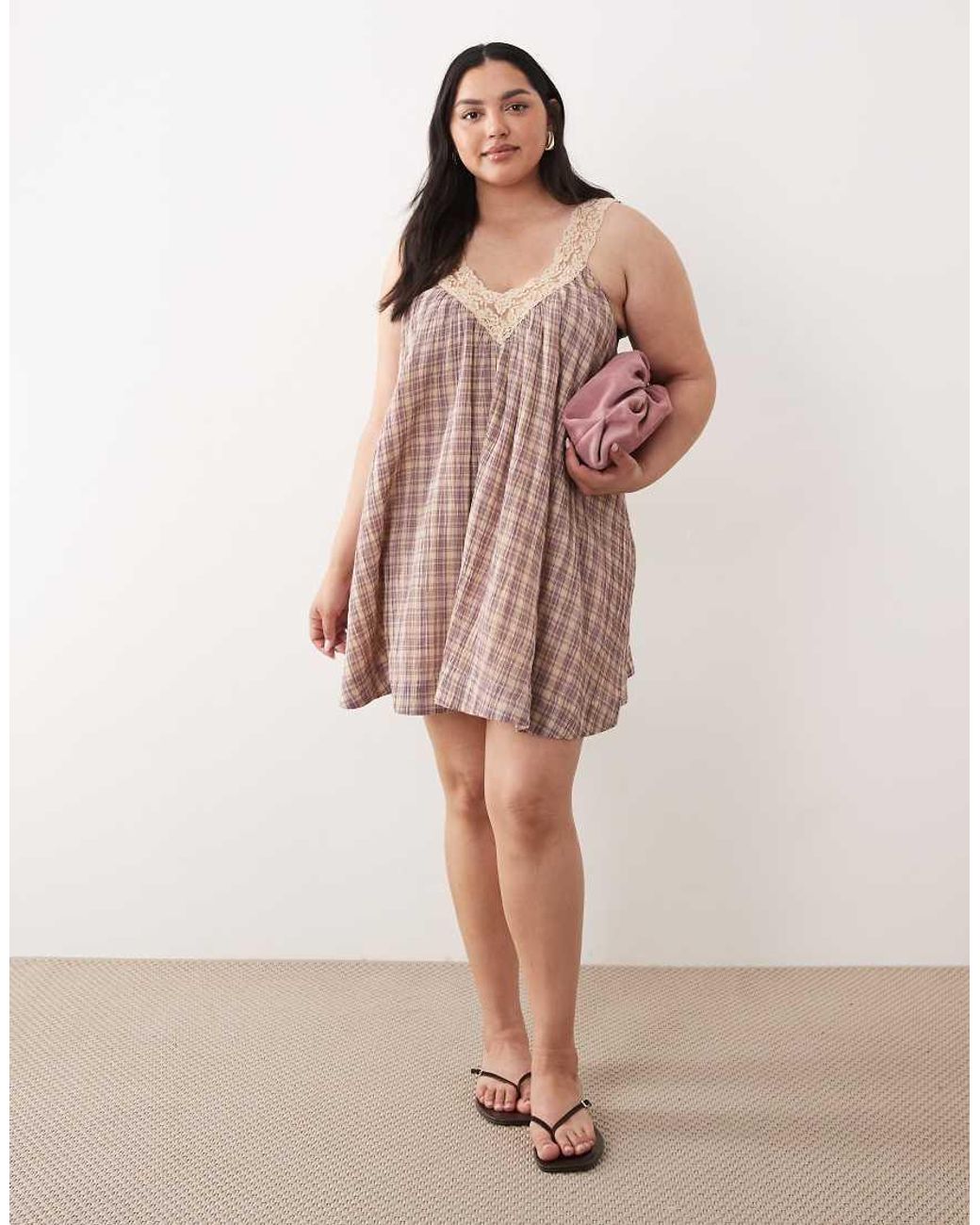 ASOS Pink Asos Design Curve V Neck Smock Poplin Mini Sundress With Lace Overlay