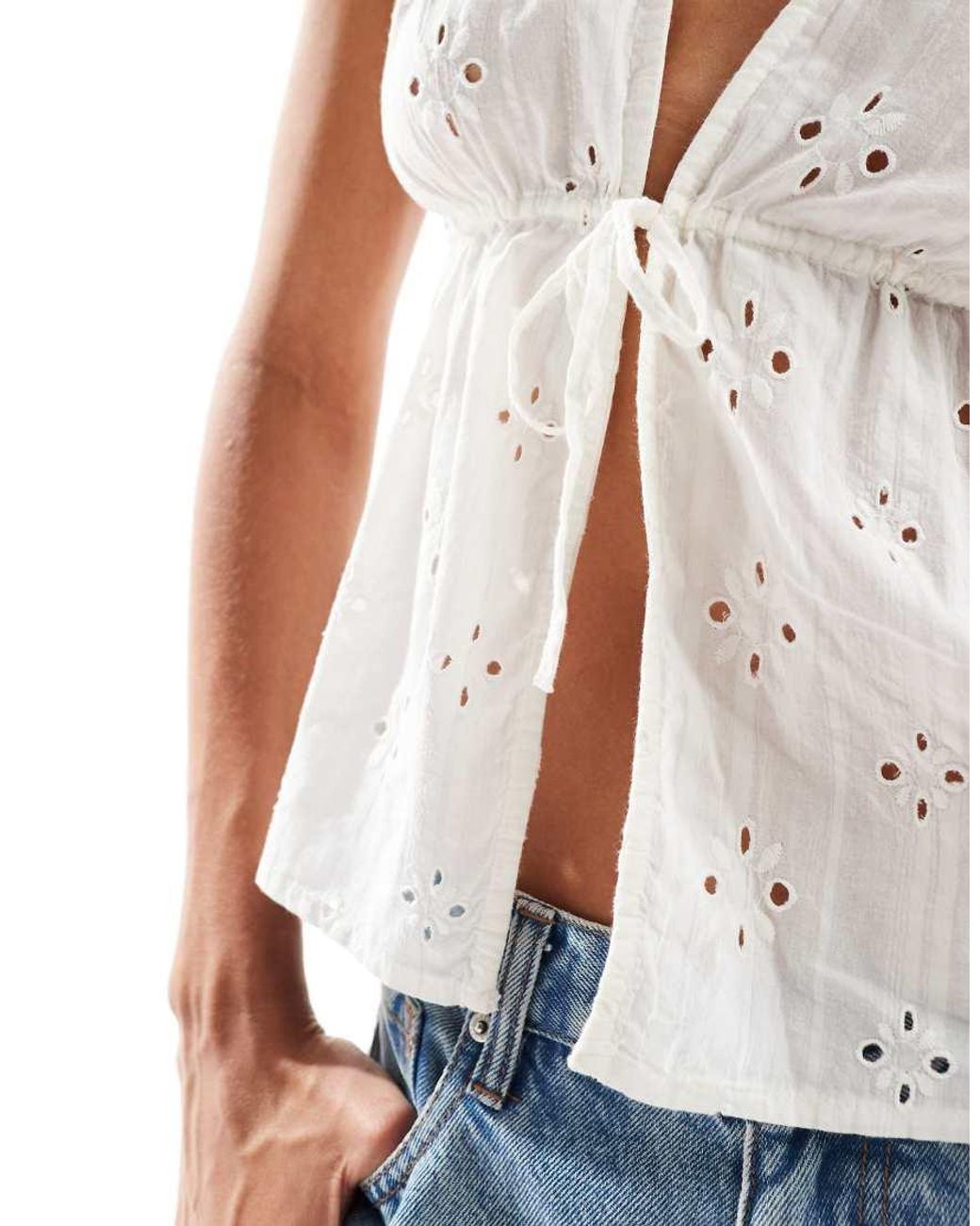 ONLY White Tie Front Embroidery Top