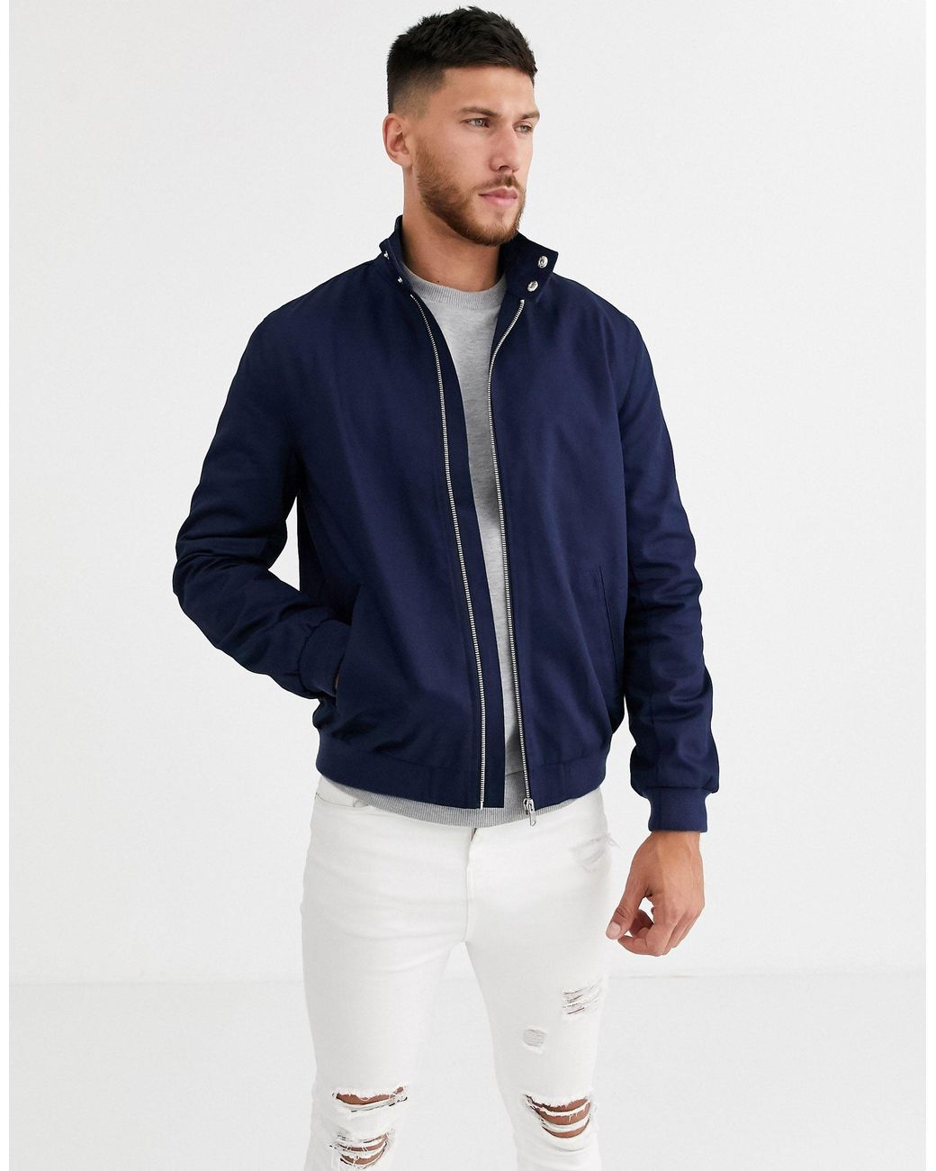 ASOS Canvas Harrington Jacket With Funnel Neck in Navy (Blue) for Men ...