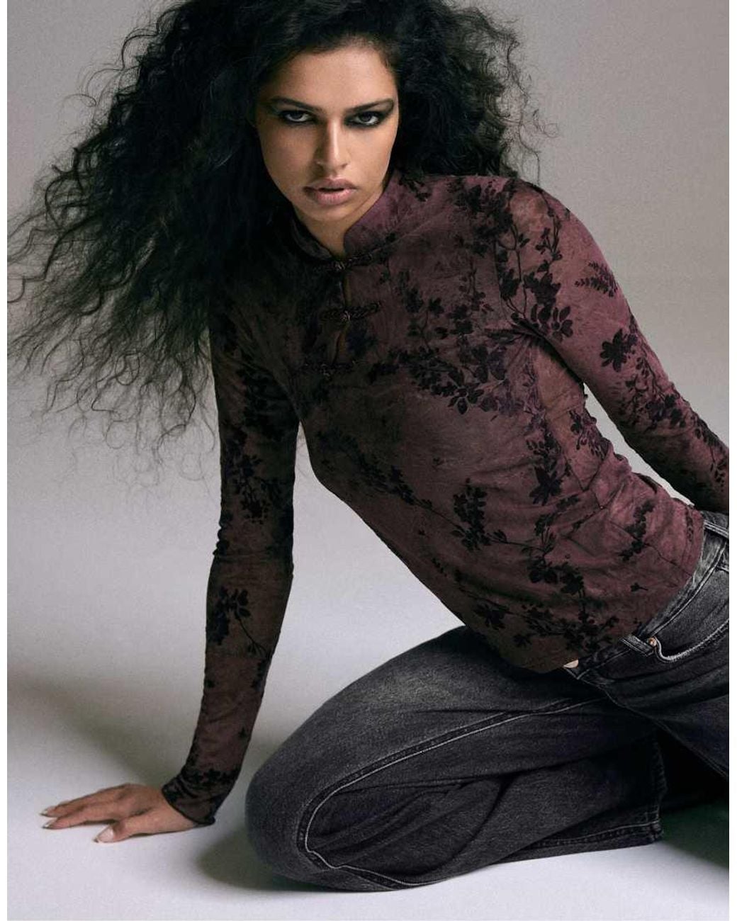 Stradivarius Black Flocculated Long Sleeve toggle Top