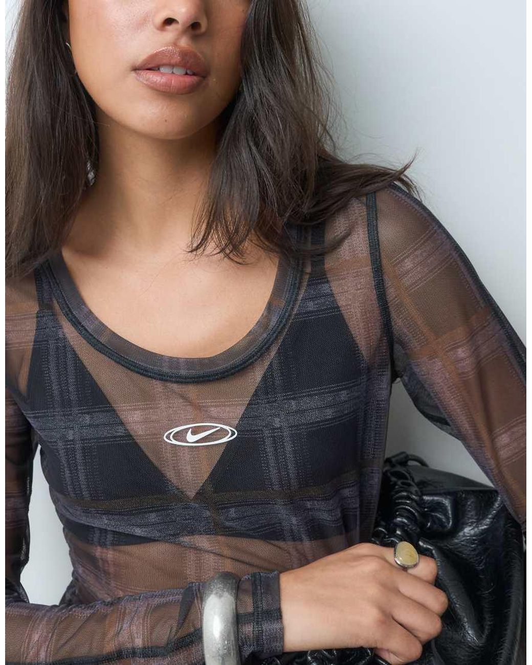 Nike Gray Long Sleeve Mesh Plaid Top