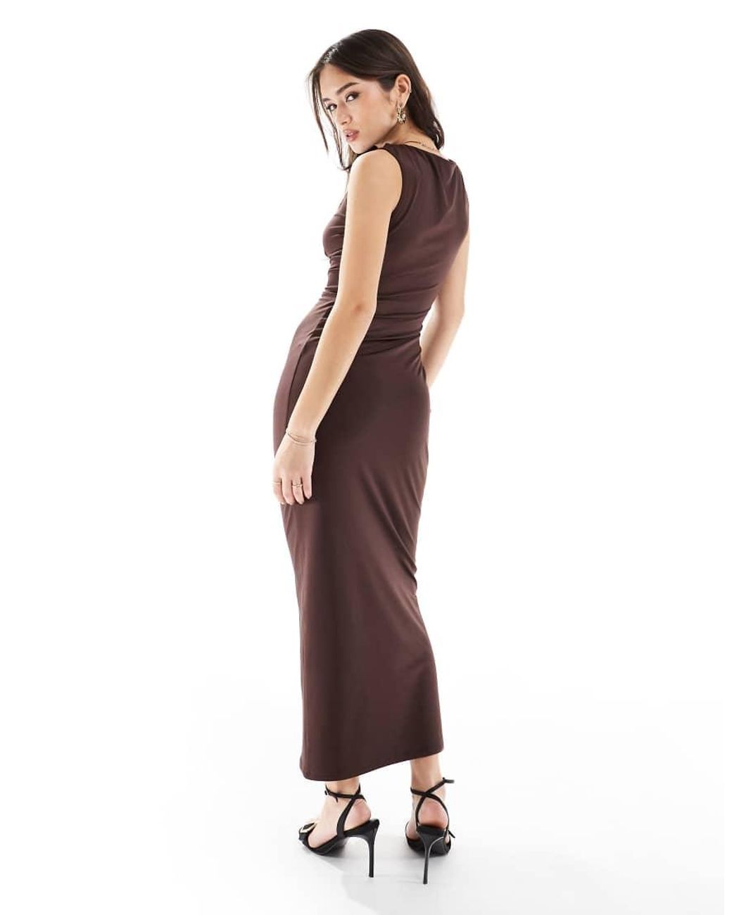 4th & Reckless Brown Sleeveless Ruched Slashneck Maxi Dress