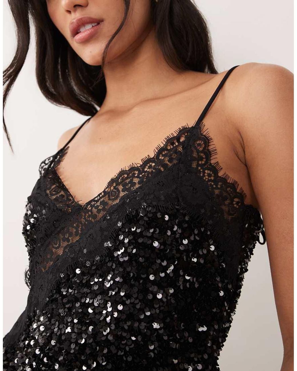 Pieces Black Asymmetric Lace Trim Sequin And Velvet Cami Top