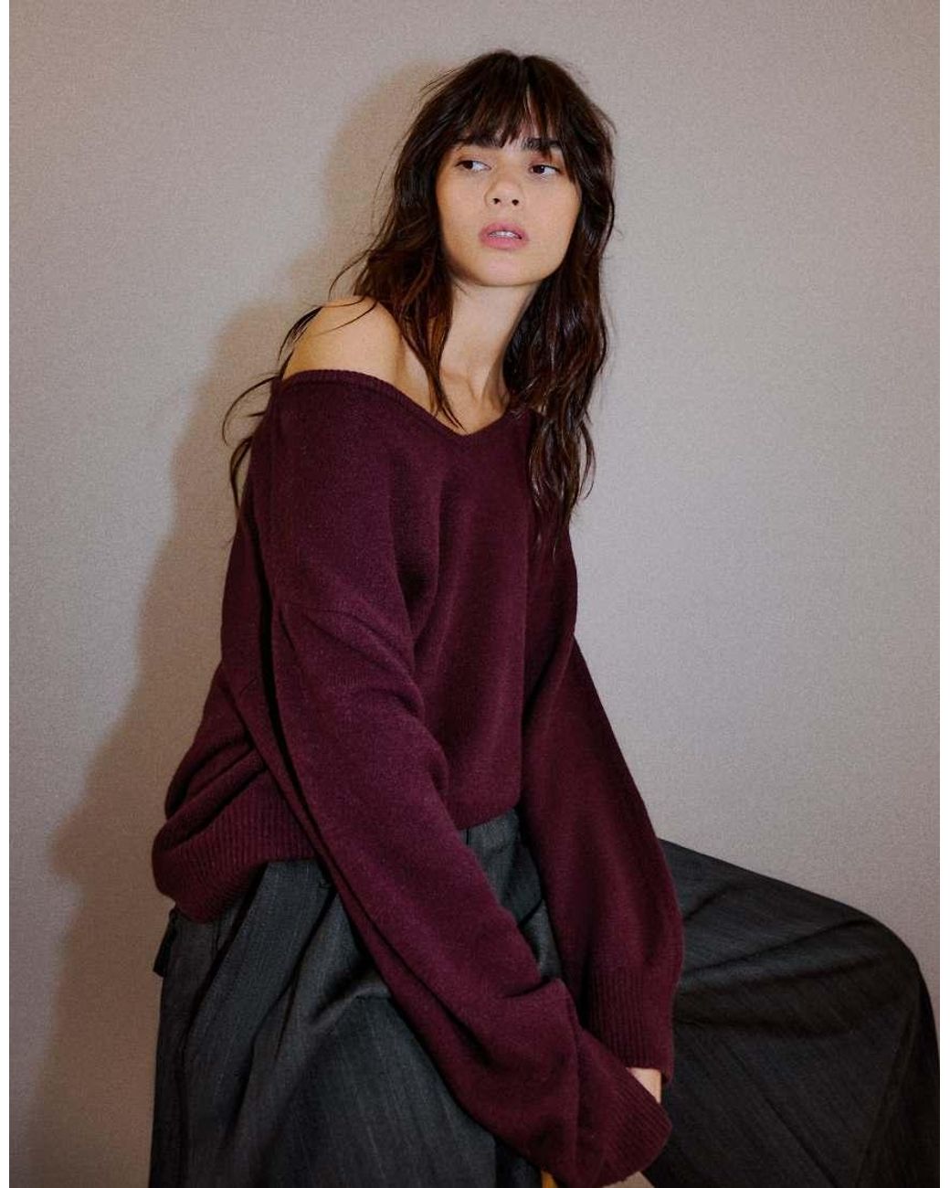 Bershka Red Oversize V-neck Jumper
