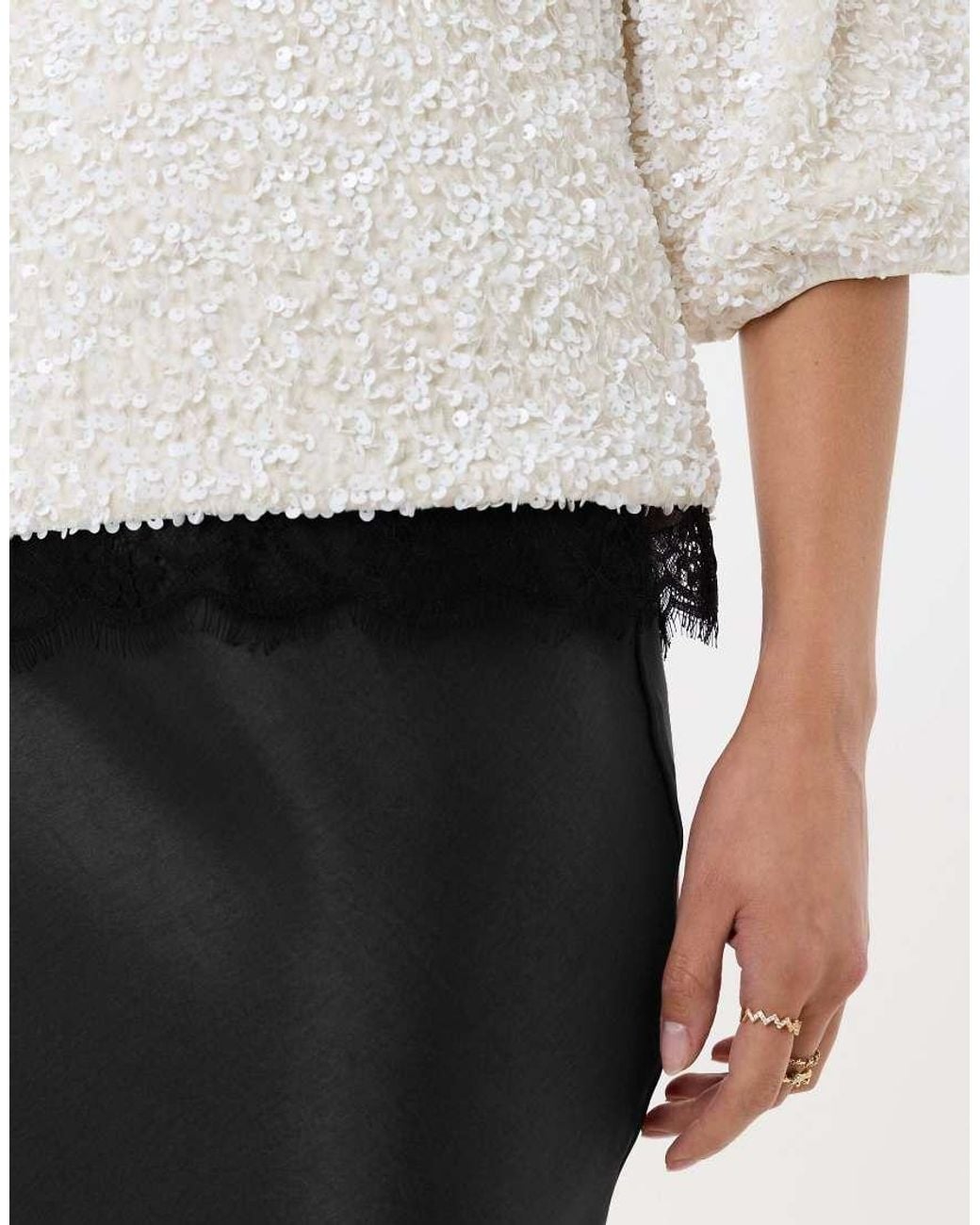 Threadbare White Sequin Slash Neck Puff Sleeve Top