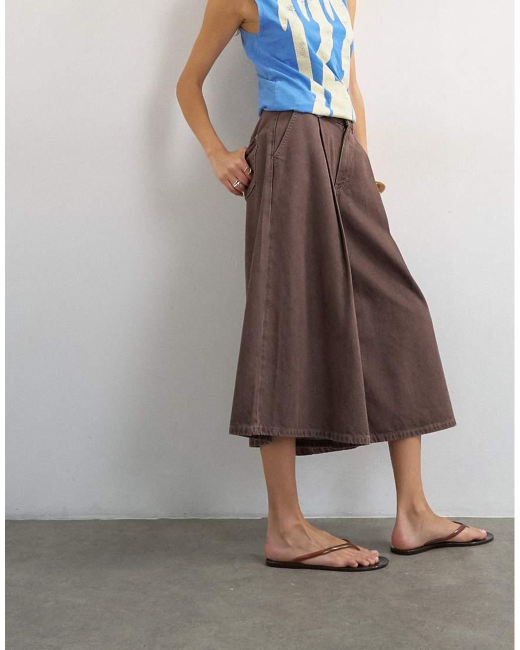 TOPSHOP Brown Denim Pleated Culotte