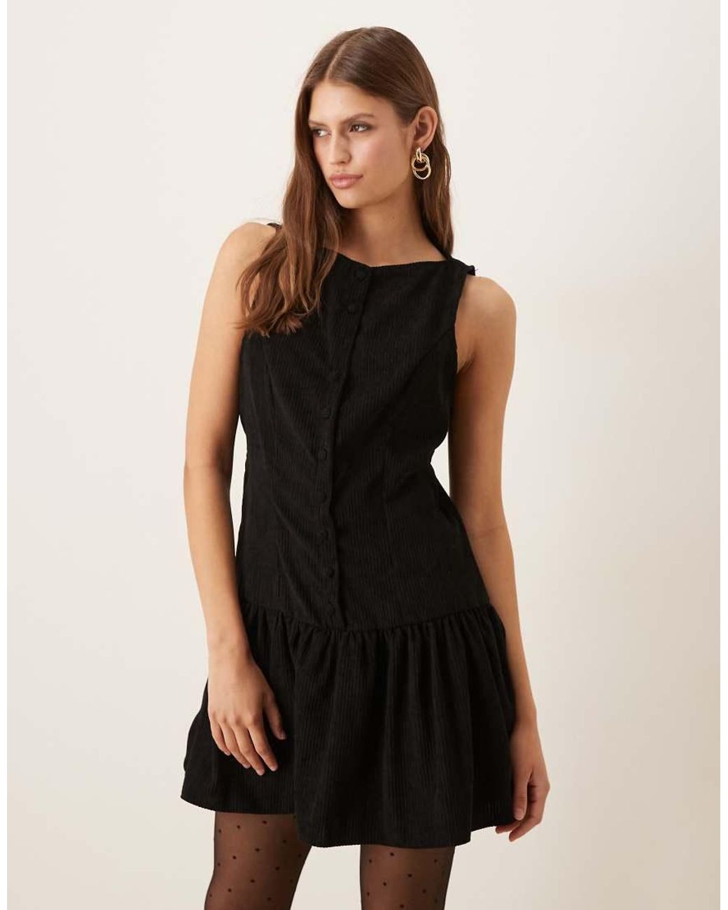 ASOS Natural Cord Slash Neck Button Down Dropped Waist Mini Dress