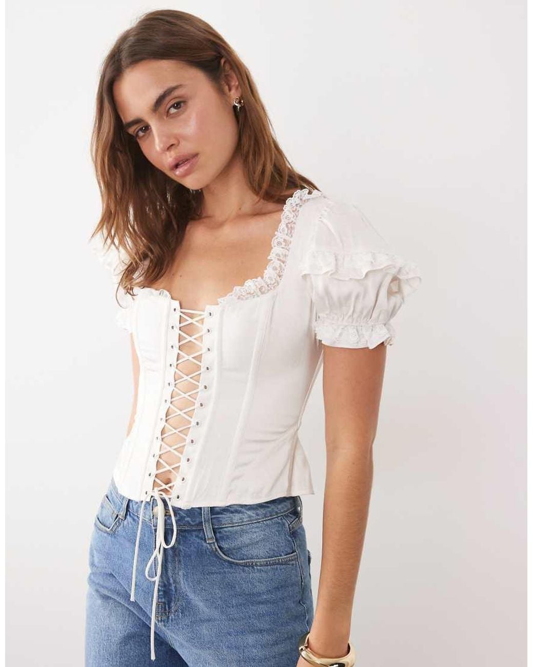 For Love & Lemons White Isadora Lace Up Front Puff Sleeve Corset Bustier Top