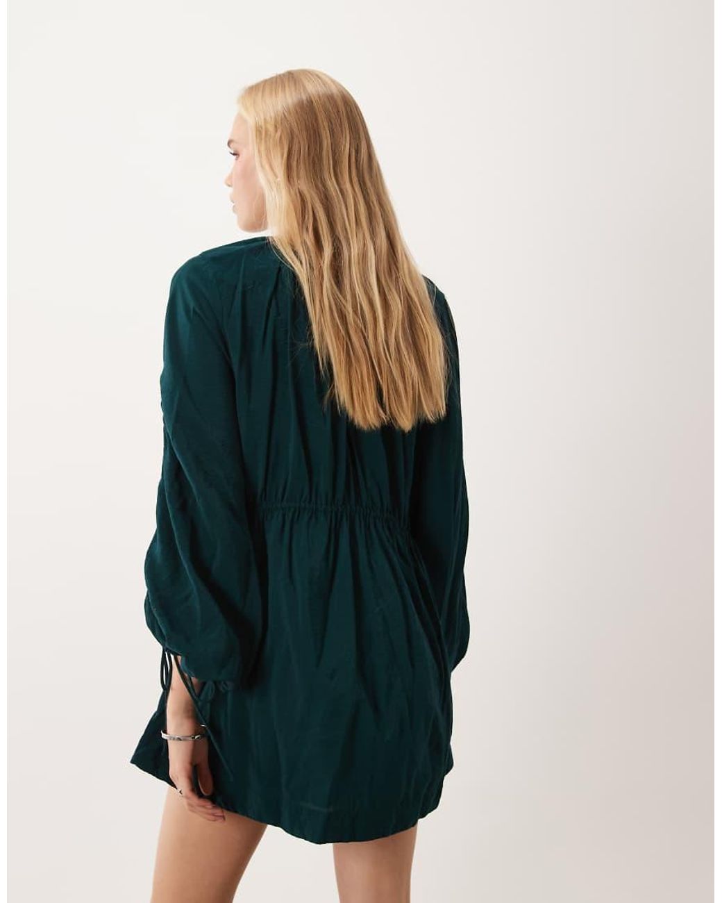 ASOS Blue Crew Neck Mini Dress With Ruched Waist Channel And Blouson Sleeves
