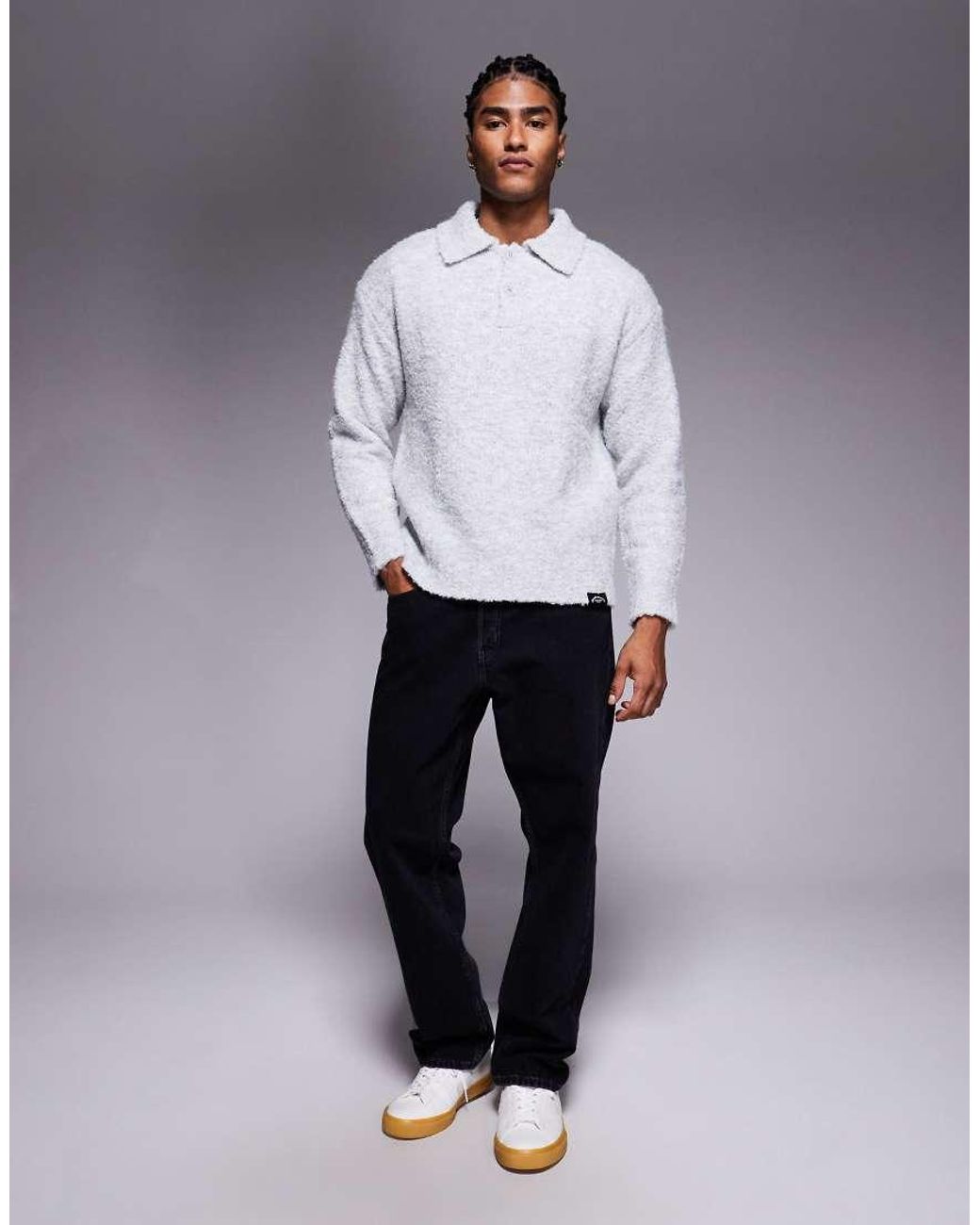 Good For Nothing Gray Knitted Boucle Long Sleeve Polo Jumper for men
