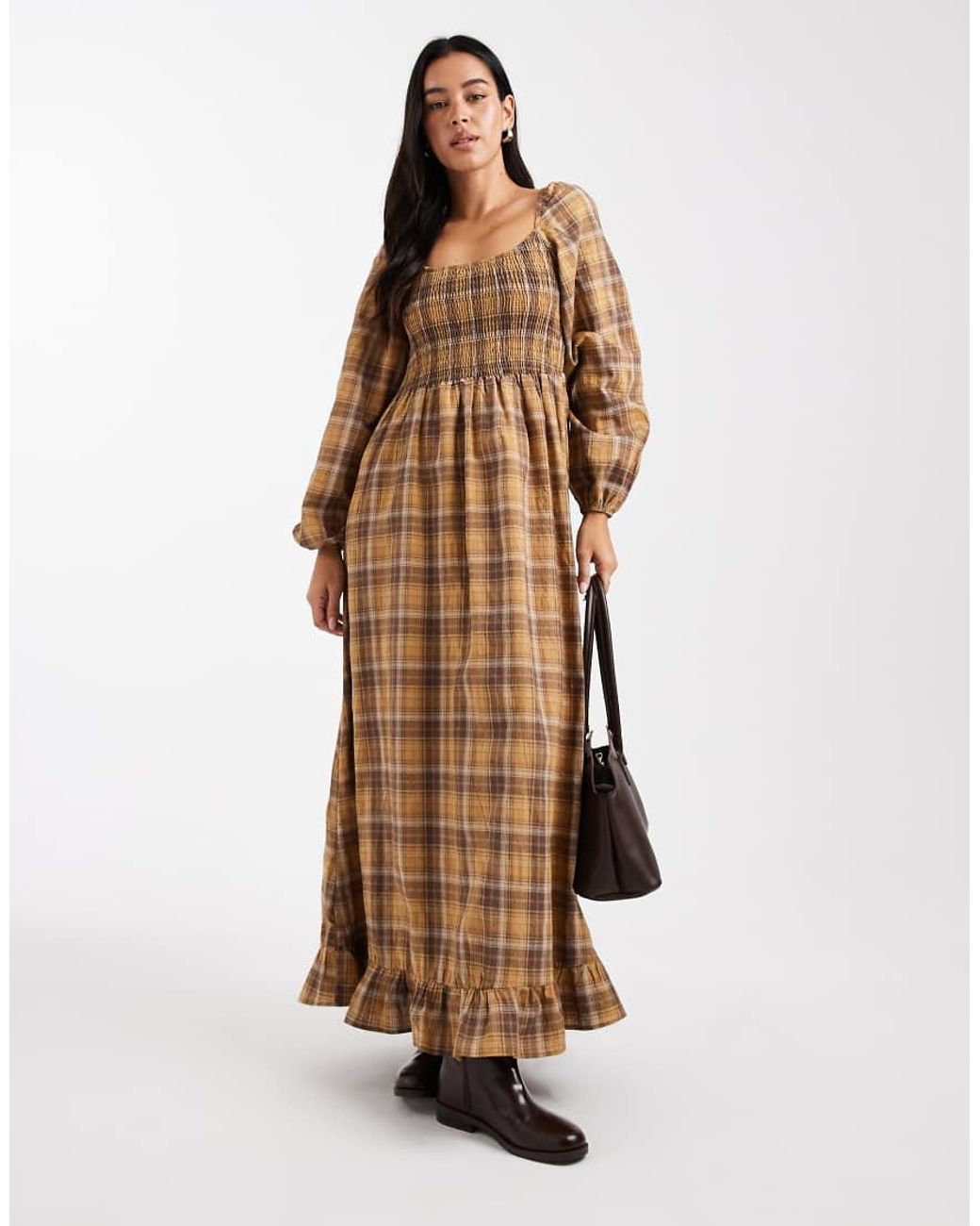 Daisy Street Gray Puff Sleeve Shirred Bodice Maxi Dress