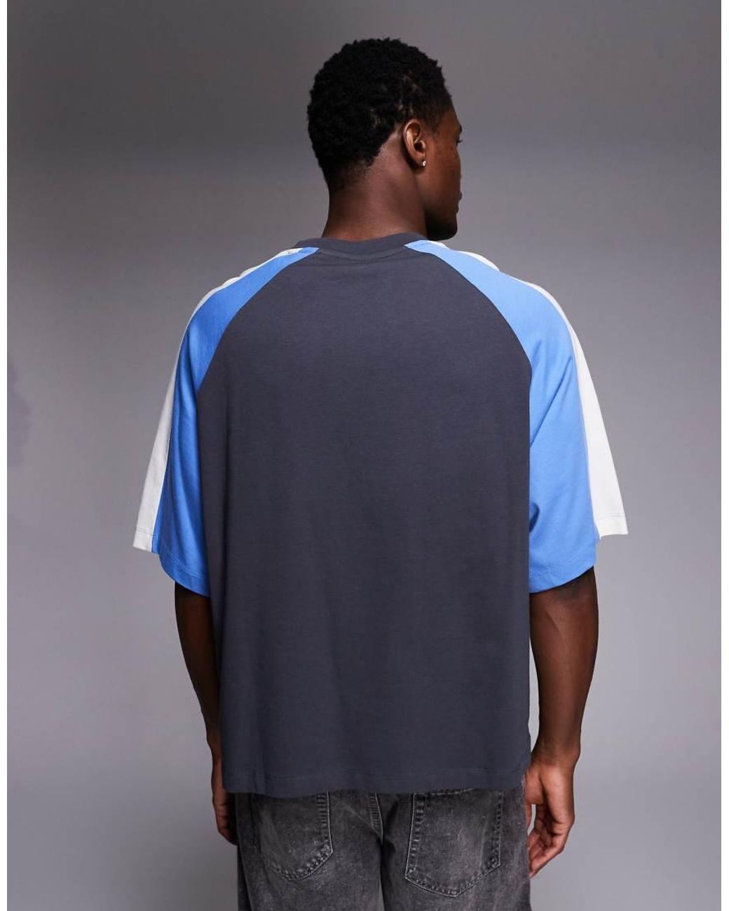 ASOS Blue Boxy Oversized T-shirt With Cut And Sew Paneling And Sports Graphic for men