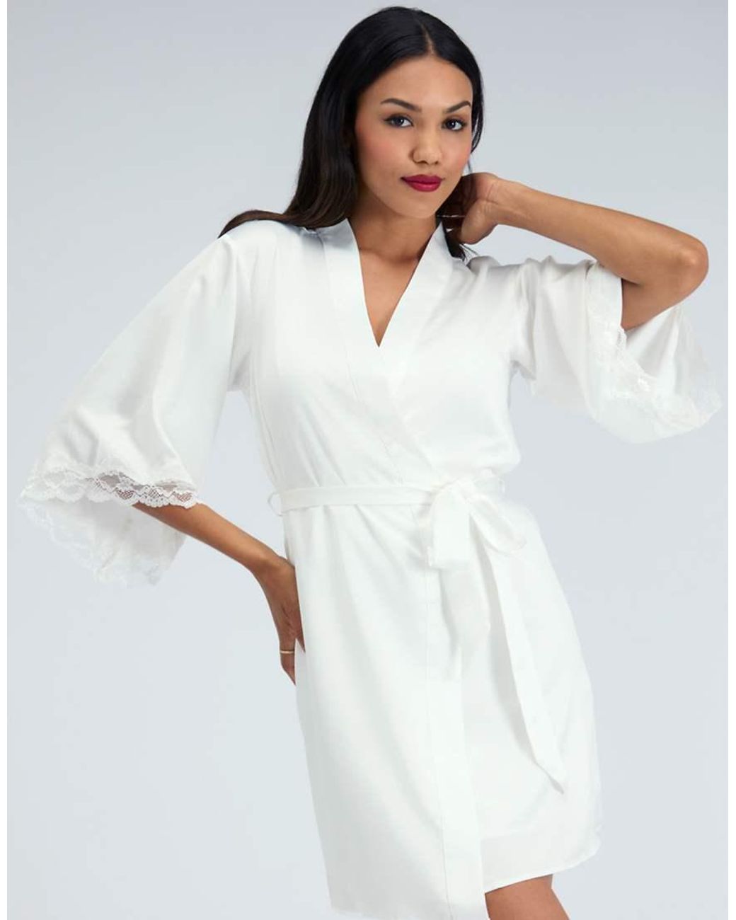 Boux Avenue White Amelia Matte Satin Short Robe Lace Trim Comfy Nightwear