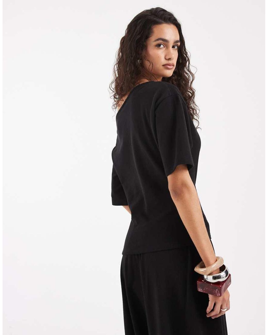 ASOS Black Textured Off Shoulder T-shirt
