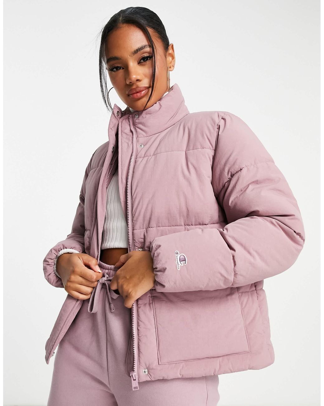 Champion Small Logo Puffer Jacket in Pink Lyst Australia