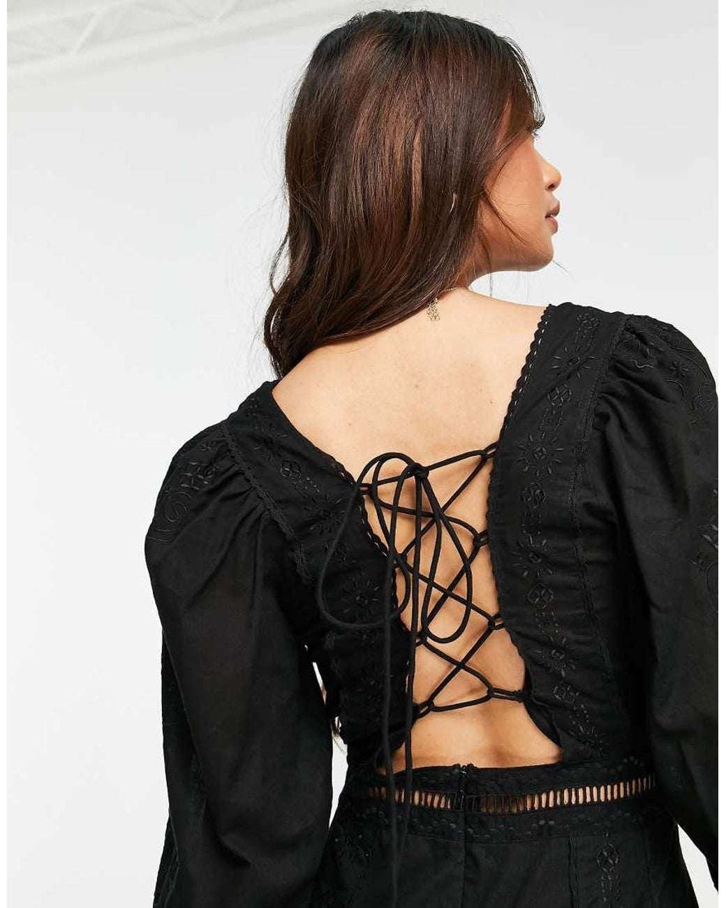 ASOS Black Embroidered Square Neck Lace Trim Mini Dress