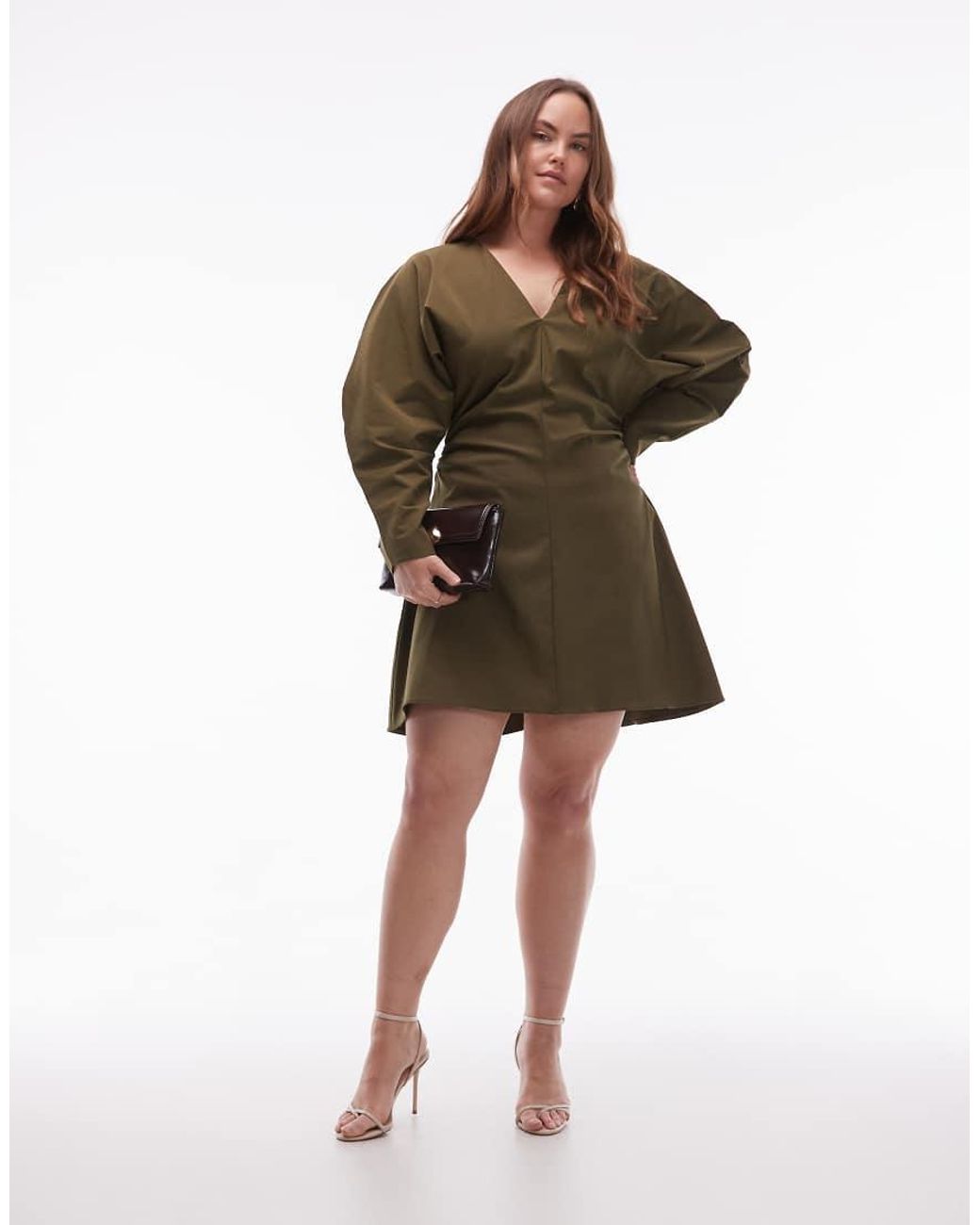 ASOS Brown Asos Design Curve V Neck Ruched Bengaline Mini Dress