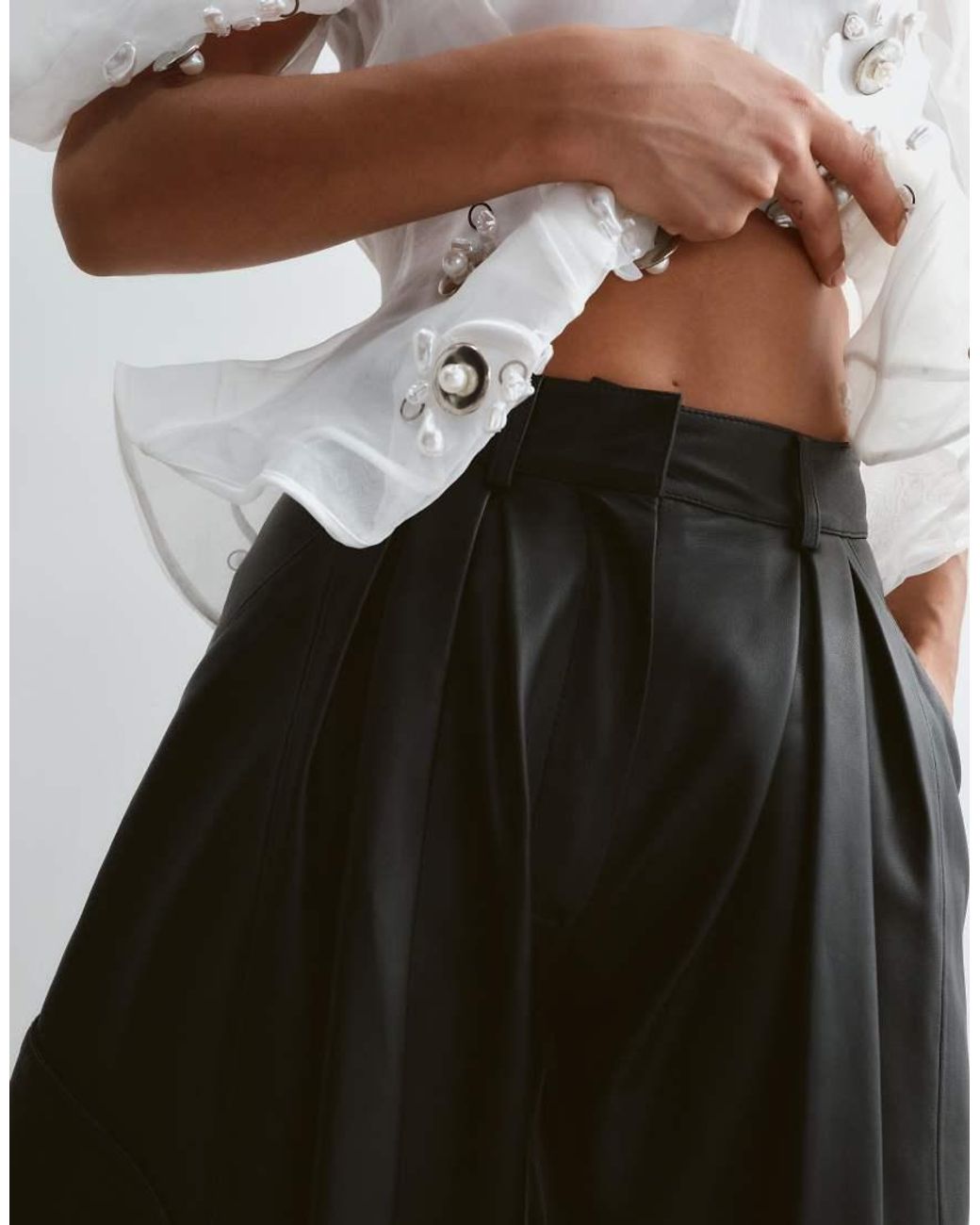 ARRANGE White Leni Premium Leather Barrel Leg Cargo Pants