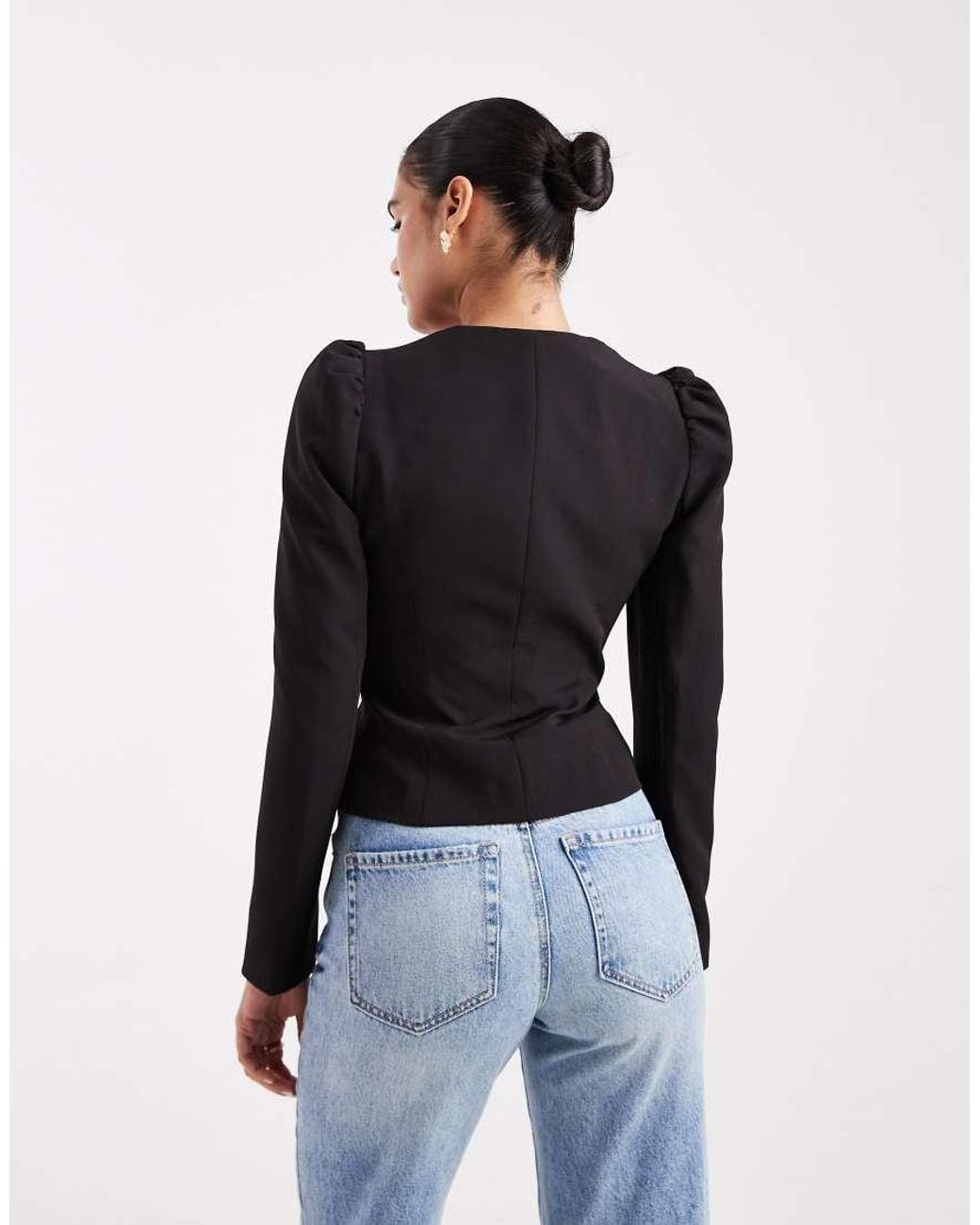 Miss Selfridge Black Tailored Collarless Puff Sleeve Top