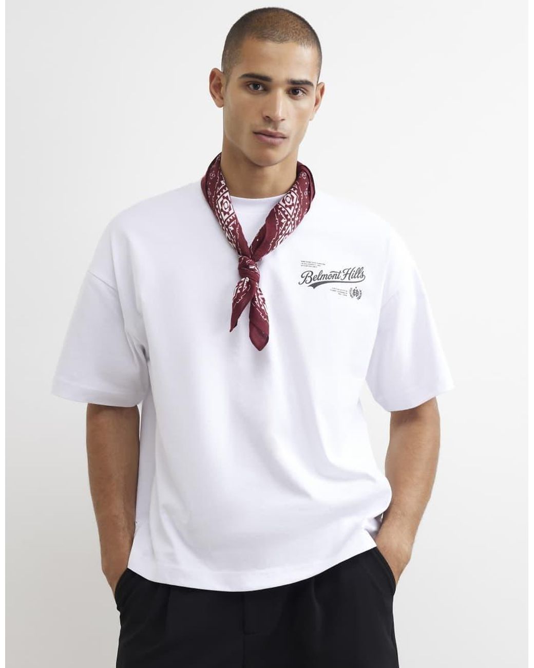River Island White Cotton Embroidered Belmont T-Shirt for men