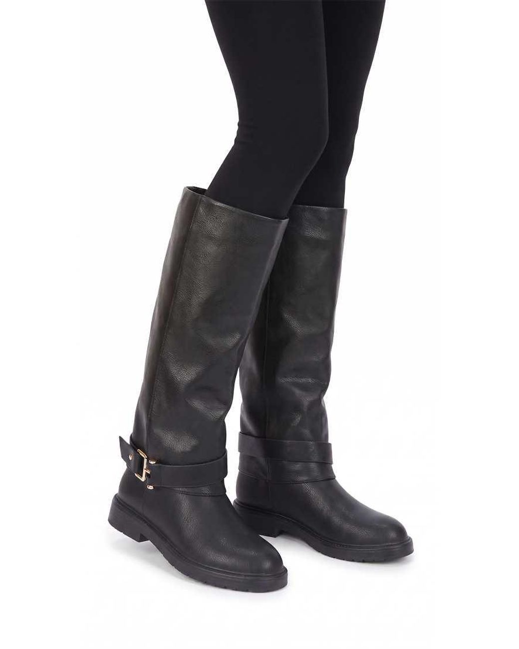 SEQWL Black Knee High Boots With Low Block Heel And Buckle Ankle Strap