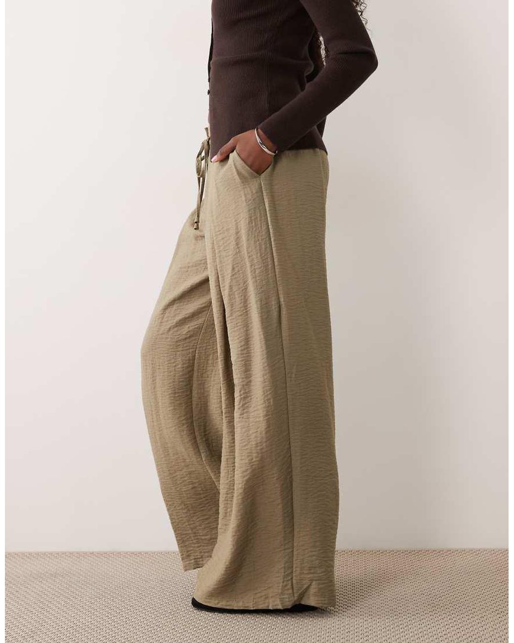 ASOS Natural Textured Wide Leg Trousers With Tie Waist
