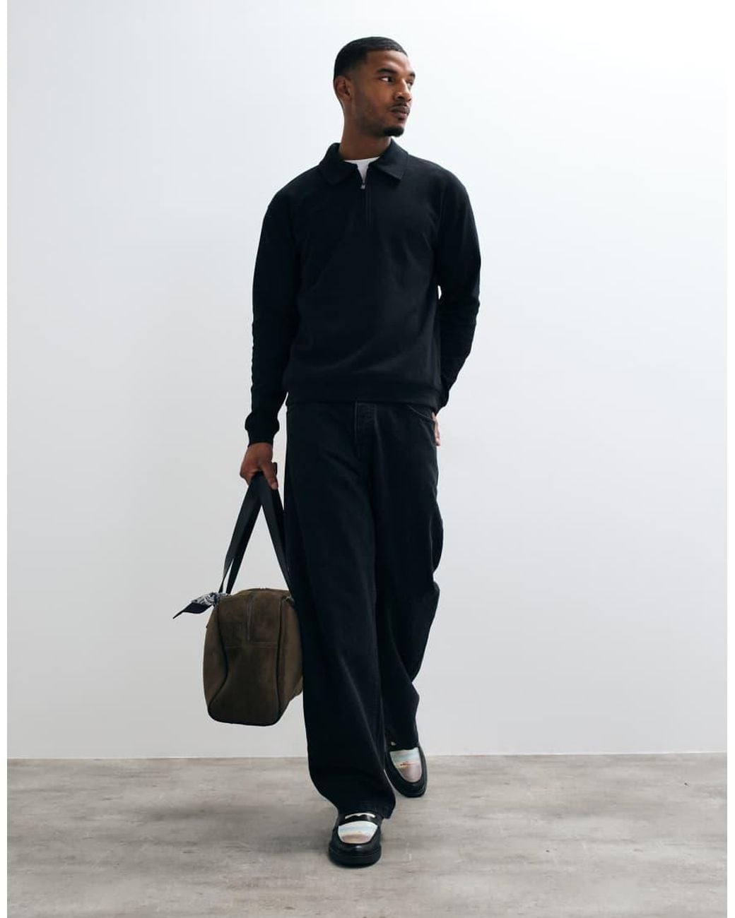 New Look Blue Textured Knit 1/4 Zip Polo for men