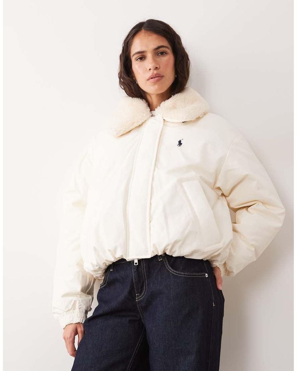 Polo Ralph Lauren White Fur Detail Collar Puffer Jacket