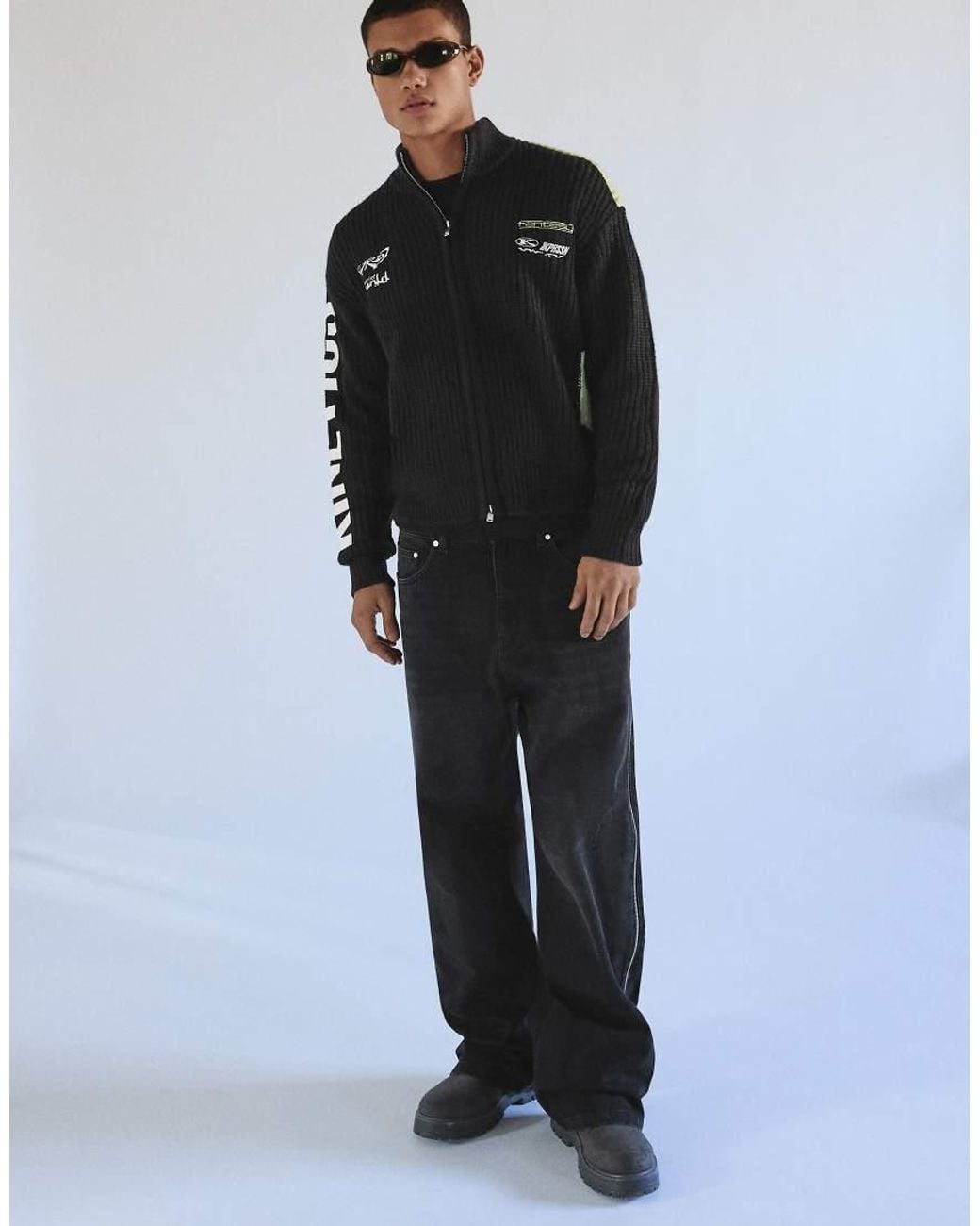 Bershka Black Embroidered Zip-up Knit Jacket for men