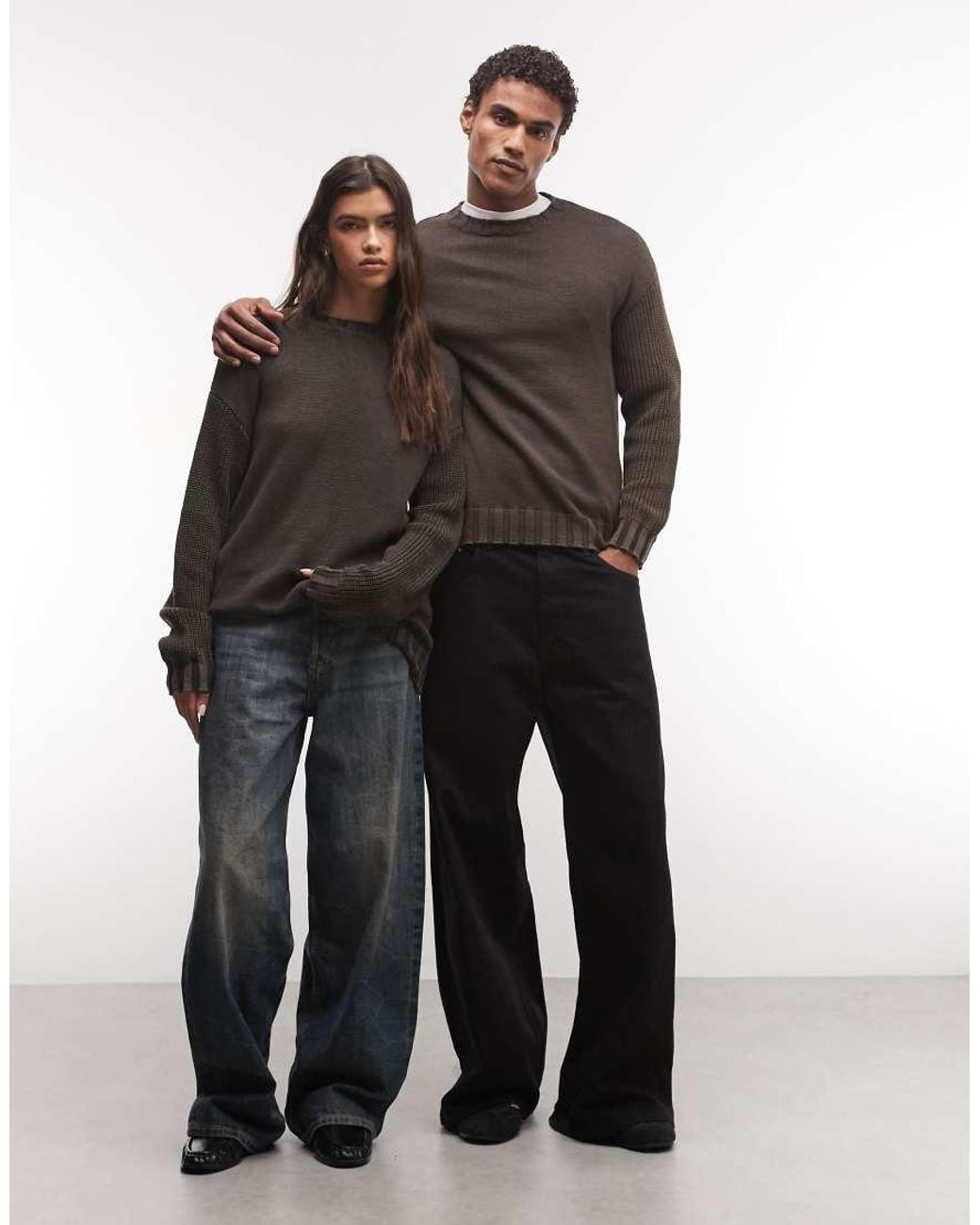 Collusion Brown Unisex Washed Oversized Crew Neck Sweater