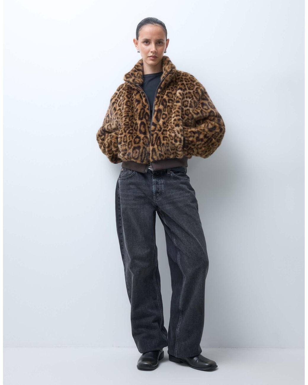Collusion Gray Funnel Neck Zip Through Fur Jacket