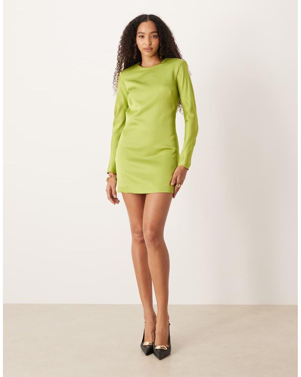 Mango Green Satin Open Back Long Sleeve Mini Dress