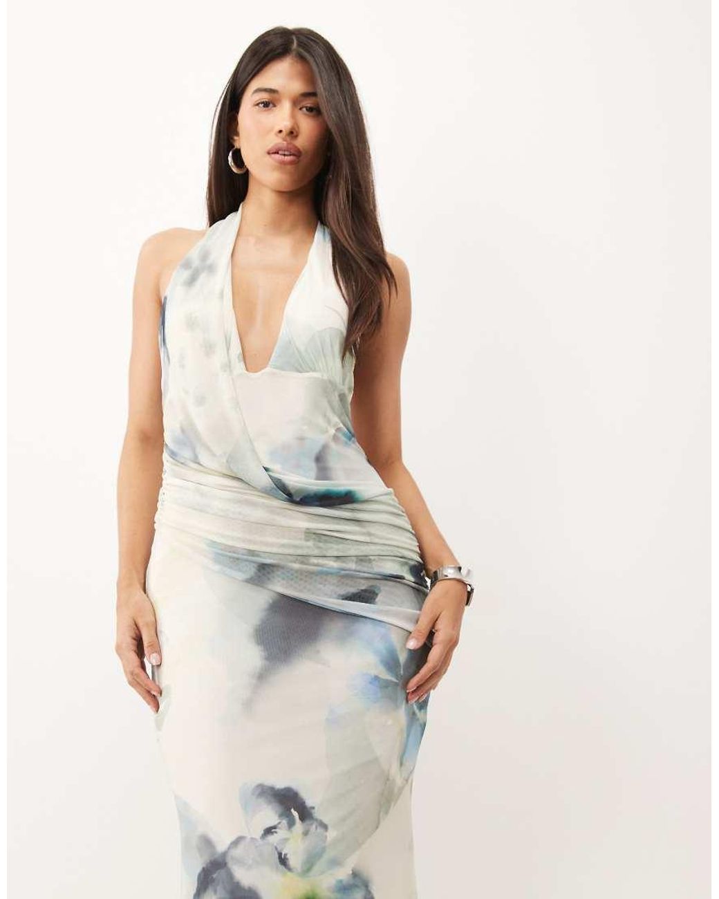 ASOS White Printed Halter Maxi Dress With Draped Sash Detail