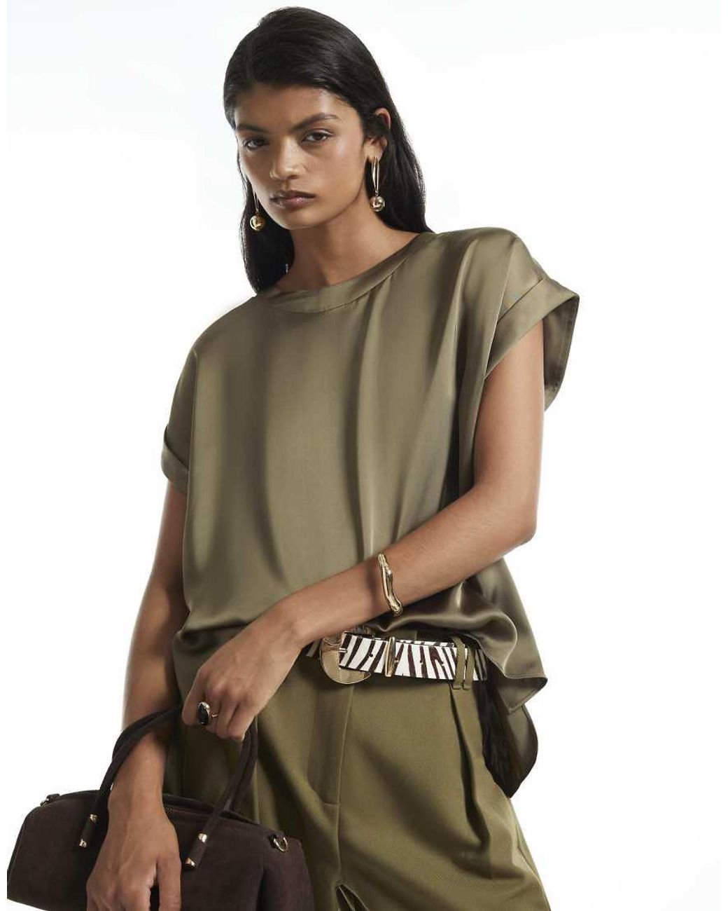 River Island Green Satin Turn Back Cuff Blouse