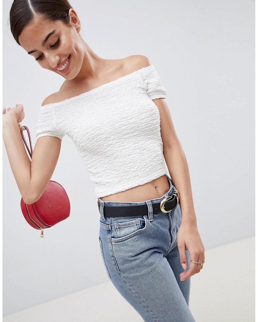 ASOS Denim Bardot Top In Ripple Fitted Fabric in Green Lyst