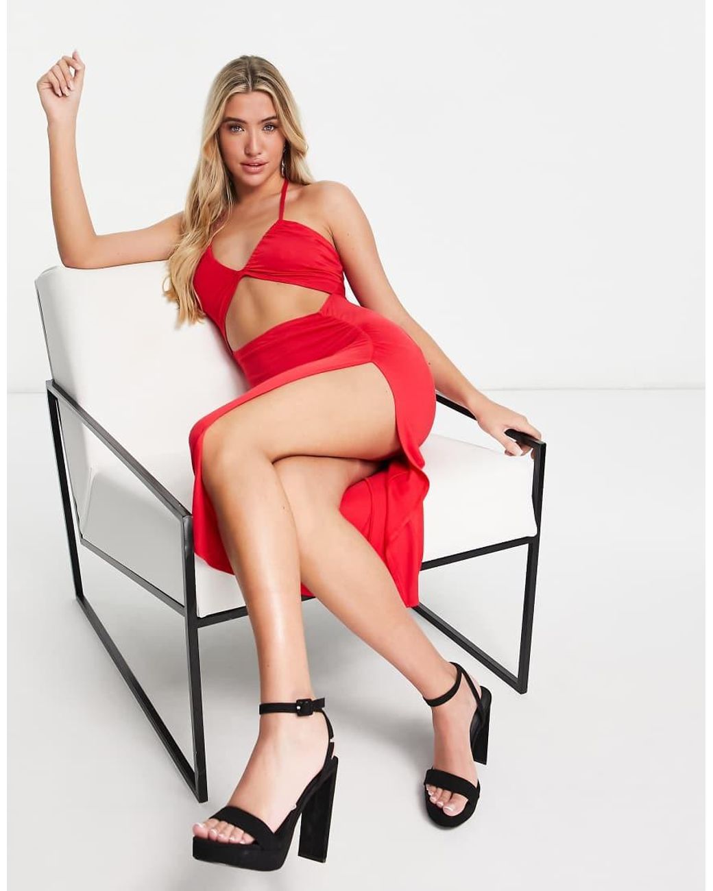 ASOS Red Cut Out Strappy Halter Midi Dress With Side Split