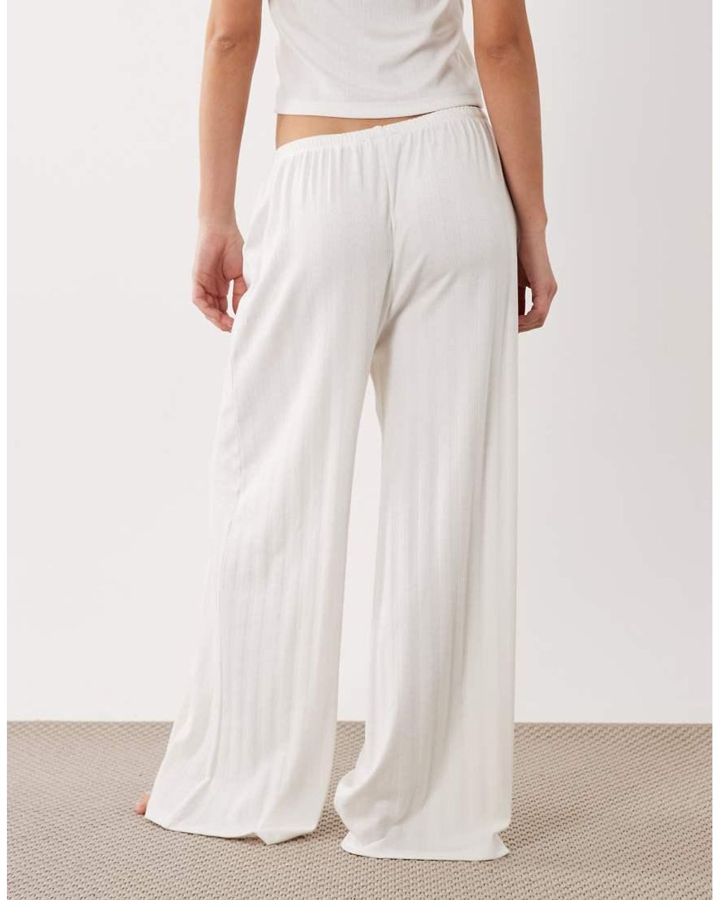 ASOS Natural Pointelle Wide Leg Pyjama Trousers With Rosebud Trim